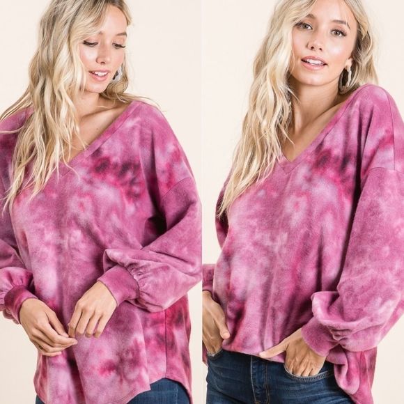 Magenta V-Neck Tie Dye Soft Sweater - Picture 4 of 5